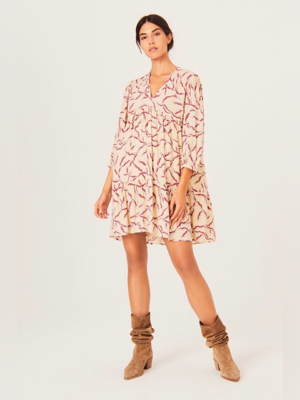 Ba&sh Constance Printed Babydoll Midi Dress Size XS 3/4 Sleeve V-Neck Lined EEUC